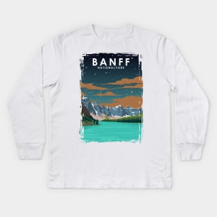 Banff National Park Vintage Minimal Retro Travel Poster at Night Kids Long Sleeve T-Shirt